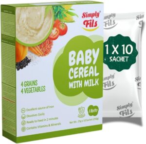 Simply Fils Baby cereals with Milk 4 Grains & 4 Vegetables, 250g, 10 Single-Serve Sachets, 6-36 Months