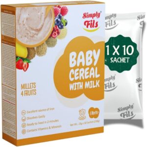 Simply Fils Millets & 4 Fruits Baby Cereal with Milk, 250g, 10 Single-Serve Sachets, 6-36 Months