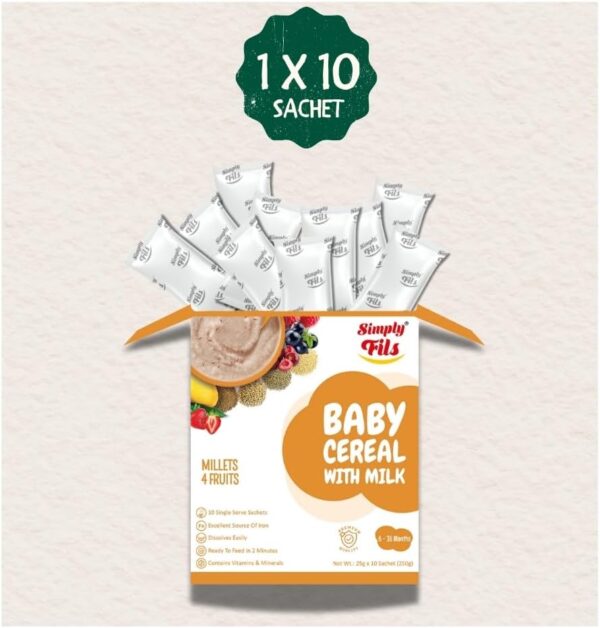 Simply Fils Millets & 4 Fruits Baby Cereal with Milk, 250g, 10 Single-Serve Sachets, 6-36 Months