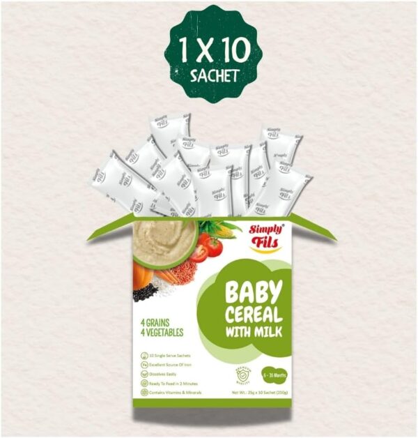 Simply Fils Baby cereals with Milk 4 Grains & 4 Vegetables, 250g, 10 Single-Serve Sachets, 6-36 Months
